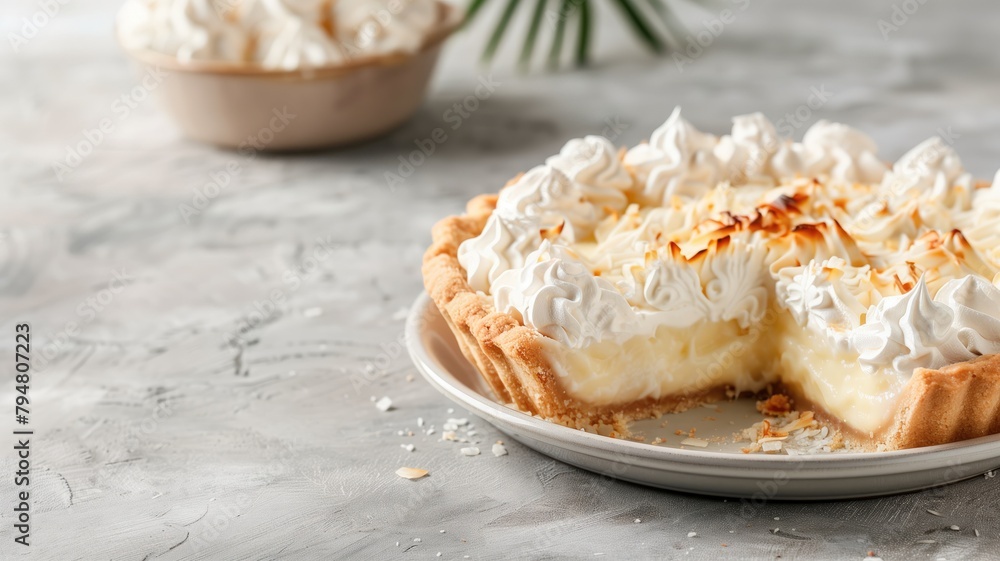 Coconut cream pie topped with golden brown toasted meringue on white plate