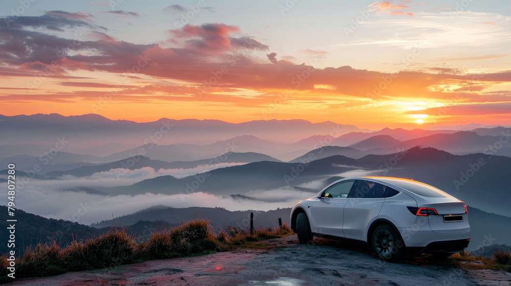 An electric car parked on a scenic overlook with mountains in the background at sunrise