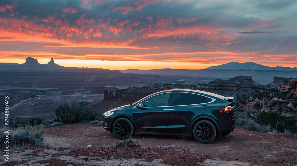 An electric car parked on a scenic overlook with mountains in the background at sunrise