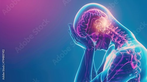 Illustration of human body anatomy showing skeletal, muscular systems, and brain activity on blue pink gradient background