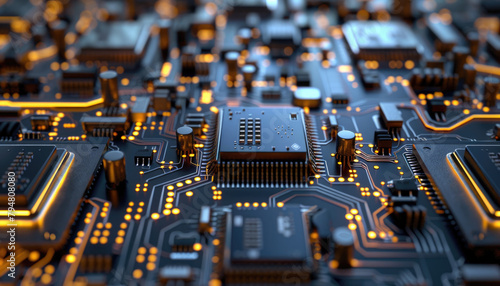 A close up of a computer chip with a lot of yellow lights by AI generated image