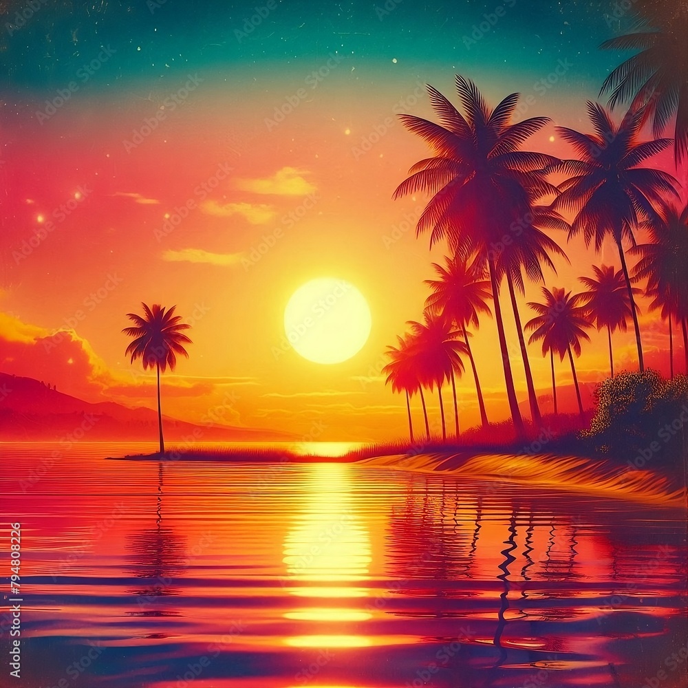 View of silhouette palm trees against blue and red sky during sunset. Generative AI