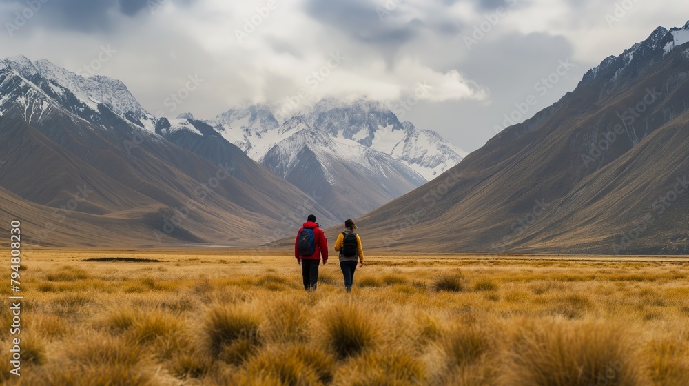 A backpacker couple pauses during their trek, admiring the panoramic view of a sprawling field against the backdrop of snow-dusted mountain ranges