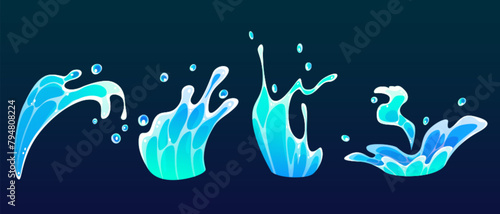 Cartoon water splash and surf wave. Cute comic sea or ocean liquid swirl effect with spray and drops. Blue stream flow for animation or game ui design. Tidal flood falling with foam and ripple.