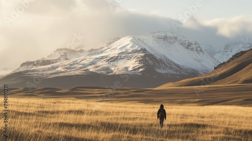 backpacker pauses during their trek, admiring the panoramic view of a sprawling field against the backdrop of snow-dusted mountain ranges photo