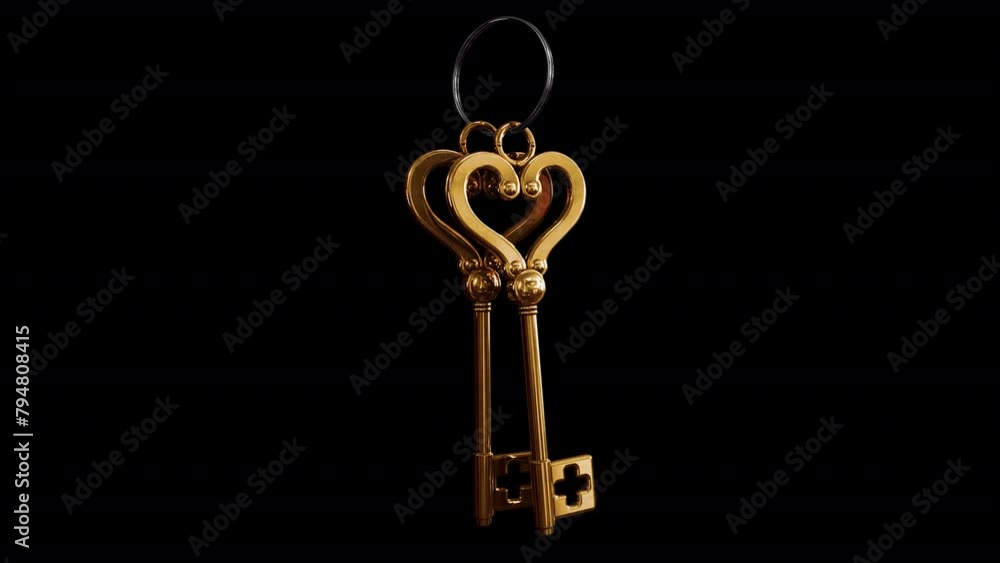 Keys to the Heart. 3D animation of a bunch of two heart-shaped keys swinging on a ring. Looped video with alpha channel. Keys to the Heart. 3D animation of a bunch of two heart-shaped keys swinging on a ring. Looped video with alpha channel.
