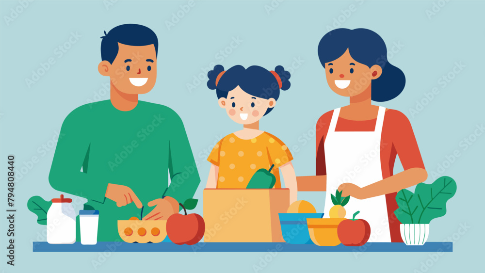 An illustration showing a family preparing a meal together using only unpackaged whole foods and ingredients from their zerowaste grocery haul. An illustration showing a family preparing a meal together using only unpackaged whole foods and ingredients from their zerowaste grocery haul.