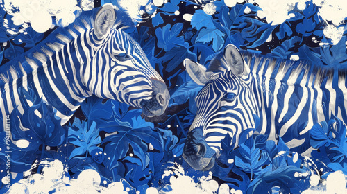 Two zebras are standing in a field of green leaves. The zebras are looking at each other and appear to be in a peaceful and calm mood