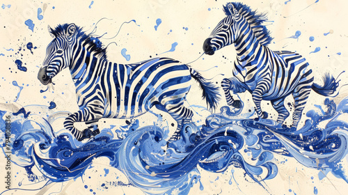 Two zebras running in the ocean with blue and white splashes. Scene is energetic and lively