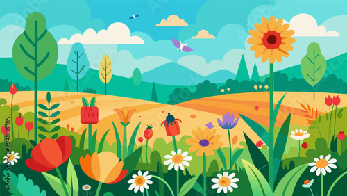 A vibrant field of wildflowers blooming alongside crops attracting pollinators and improving biodiversity.