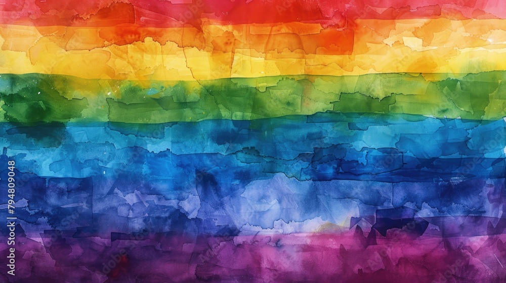 A watercolor painting of LGBTQ pride flags blending into each other. 
