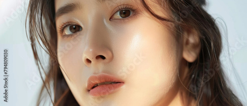 Asian model woman face close-up with natural smooth skin, beautiful eyes, and long black hair with natural light from sunlight isolated on clean white background