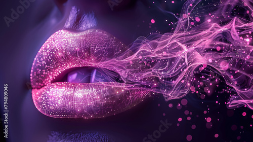 A woman s lips are covered in glitter  and she is blowing smoke out of her mouth. The image has a playful and whimsical mood  as the glitter and smoke create a sense of fun and fantasy