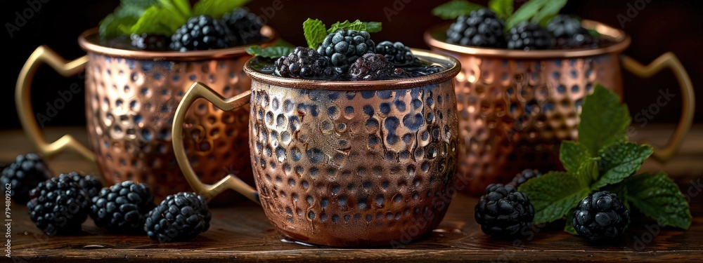 Blackberry mint mocktail, refreshing and fizzy, in a copper mug. Hyperdetailed. Photorealistic. HD. super detailed Blackberry mint mocktail, refreshing and fizzy, in a copper mug. Hyperdetailed. Photorealistic. HD. super detailed
