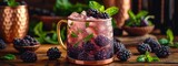 Blackberry mint mocktail, refreshing and fizzy, in a copper mug. Hyperdetailed. Photorealistic. HD. super detailed