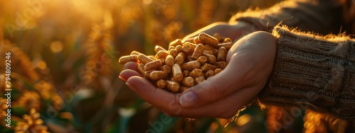 Biomass fuel pellets in hand, close-up, sustainable energy source. Hyperdetailed. Photorealistic. HD. super detailed