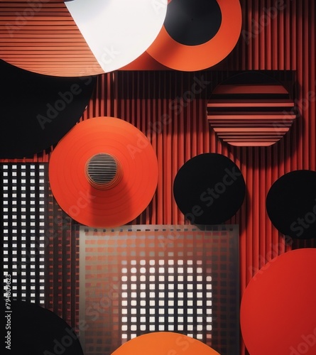 Abstract vector design featuring a red  black and white color scheme with geometric shapes in the background