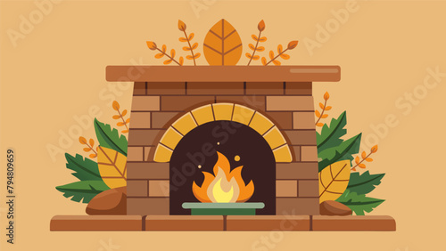 A cozy fireplace surrounded by natural stone and a mantle adorned with organic decorations creating a warm and inviting ambiance.