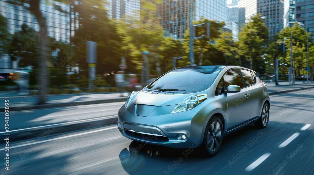 Electric car cruising through the city streets Electric car cruising through the city streets