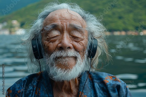 Senior listening music while running by lake in nature. Elderly man exercising to stay healthy, vital, enjoying physical activity and relaxation outdoors，In front of the West Lake, an old man 