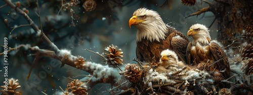 Eagles nesting, high up in a pine tree, family, protective. Hyperdetailed. Photorealistic. HD. super detailed photo