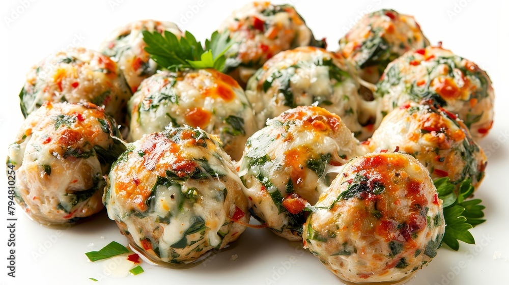 Gourmet shot of chicken meatballs filled with mozzarella and spinach, perfectly baked, spotlighted in studio, white backdrop Gourmet shot of chicken meatballs filled with mozzarella and spinach, perfectly baked, spotlighted in studio, white backdrop