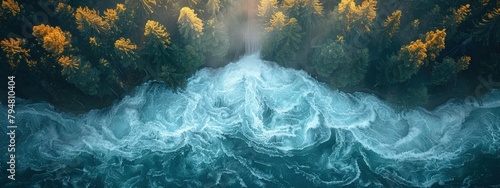Hydroelectric dam from above, rushing water, forest background, energy infrastructure. Hyperdetailed. Photorealistic. HD. super detailed photo