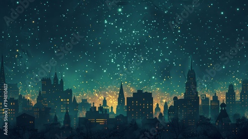 Retro cityscape under a dreamy star-filled sky, blending modern silhouettes with old-world charm