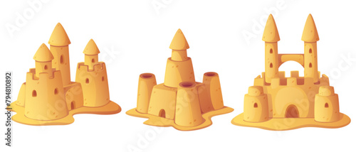 Sand castles set isolated on white background. Vector cartoon illustration of beach sculptures in shape of medieval fortress with towers, childhood fun, fairytale architecture, resort design elements photo
