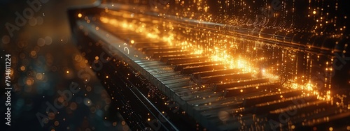 Neural network teaching music, digital piano, notes flowing on screen. Hyperdetailed. Photorealistic. HD. super detailed