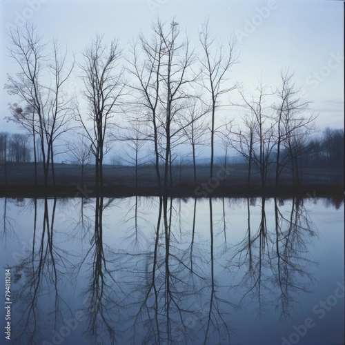 A forest of trees is reflected in a body of water