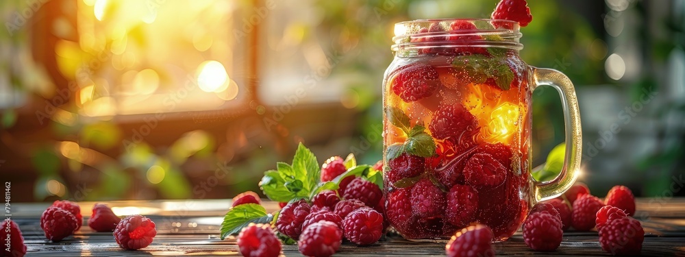Raspberry iced tea, with fresh raspberries, in a mason jar. Hyperdetailed. Photorealistic. HD. super detailed - obrazy, fototapety, plakaty 