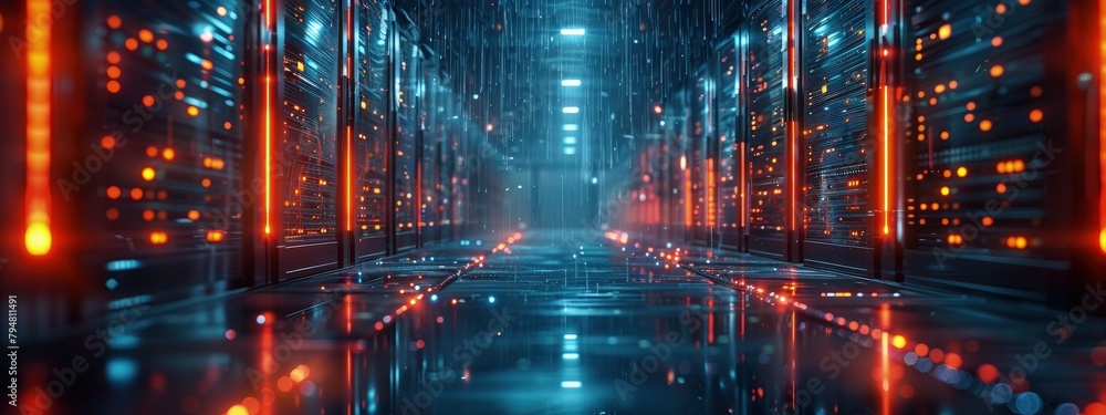 Fototapeta premium Real-time data processing in an active server room. Hyperdetailed. Photorealistic. HD. super detailed