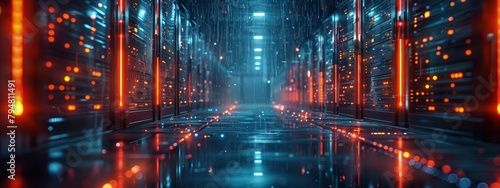 Real-time data processing in an active server room. Hyperdetailed. Photorealistic. HD. super detailed