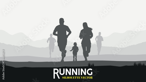Running silhouettes. Vector illustration, Trail Running, Marathon runner.	

