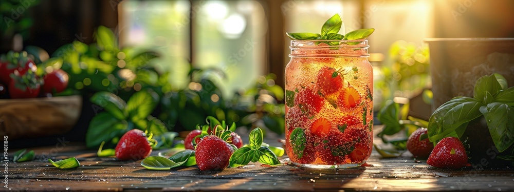 Strawberry basil soda, homemade and fizzy, in a mason jar. Hyperdetailed. Photorealistic. HD. super detailed - obrazy, fototapety, plakaty 