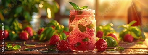 Strawberry basil soda, homemade and fizzy, in a mason jar. Hyperdetailed. Photorealistic. HD. super detailed