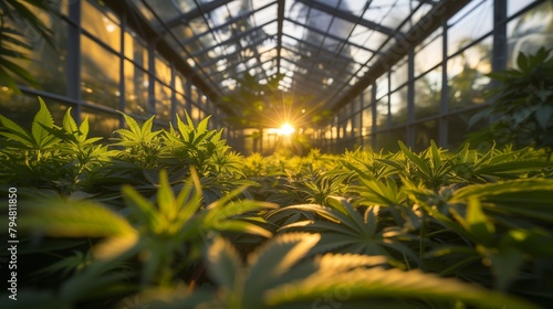 Vibrant green cannabis plants thrive in a meticulously maintained greenhouse.