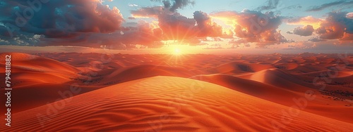 Sunlight cascading over vast sand dunes at sunset, shadows lengthening, an orange glow. Hyperdetailed. Photorealistic. HD. super detailed photo