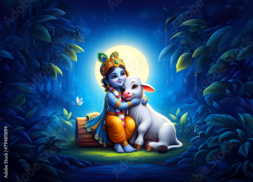 Baby Krishna with his cow, Lord Krishna hugging a calf on Happy Janmashtami holiday Indian festival greeting background photo