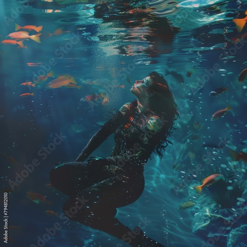 A woman is swimming in a pool with many fish