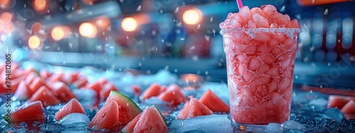 Watermelon slush, icy and sweet, in a frosty glass. Hyperdetailed. Photorealistic. HD. super detailed photo