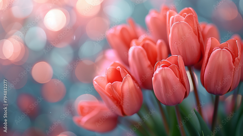 Defocused minimalist tulips for Mother's day celebration theme background, Pastel tulip bokeh for Mother's Day theme