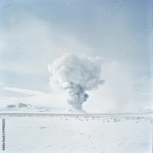 A large cloud of smoke rises from a nuclear explosion in a desolate