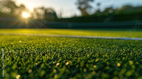 A close-up view of the fresh, neatly trimmed grass of a tennis court at the break of day