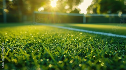 A close-up view of the fresh, neatly trimmed grass of a tennis court at the break of day © anupdebnath