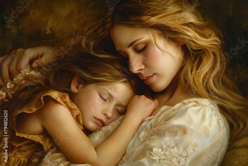 a painting of a mother and daughter sleeping together