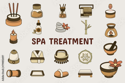 Spa Treatment Lineal Color Vector Illustration Icon Sticker Set Design Materials