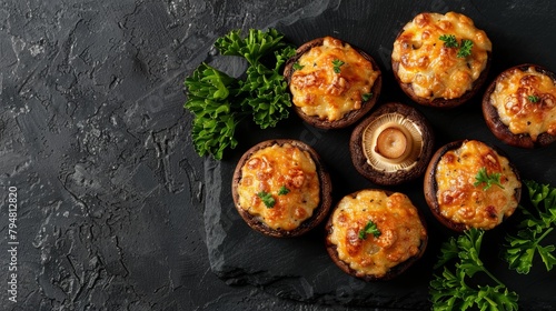 Detailed top view of cheesy stuffed mushrooms with a crisp, isolated background, highlighted by professional studio lighting photo