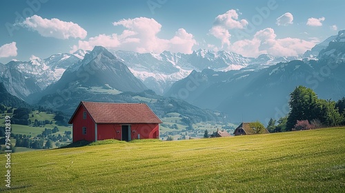 A serene Swiss countryside vista showcasing a quaint red rural home against a backdrop of majestic mountains